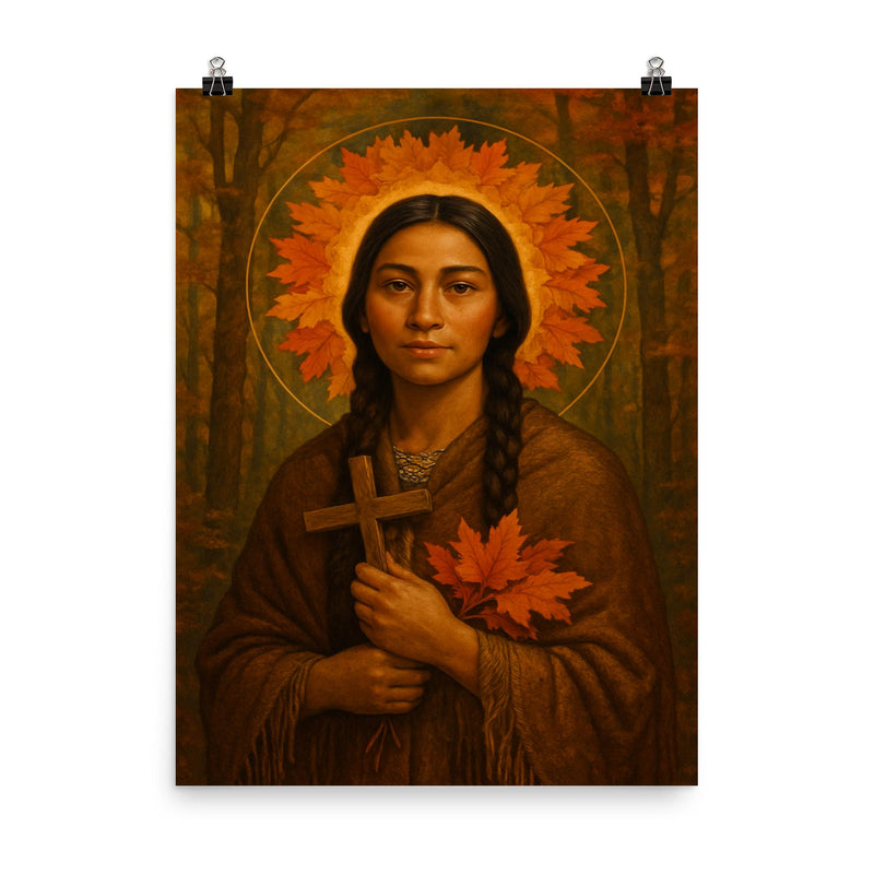 Saint Kateri Tekakwitha woodland halo of autumn leaves poster on a plain backdrop in size 8