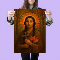 Saint Kateri Tekakwitha woodland halo of autumn leaves poster 3