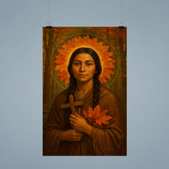 Saint Kateri Tekakwitha woodland halo of autumn leaves poster 9