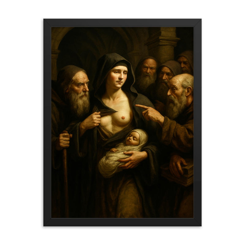 Saint Marina the Monk cloister secret revealed scene framed print on a plain backdrop in size 18