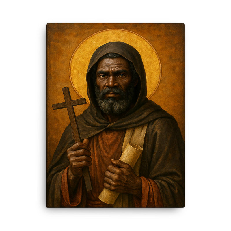 Saint Moses the Black desert icon portrait canvas print on a plain backdrop in size 18