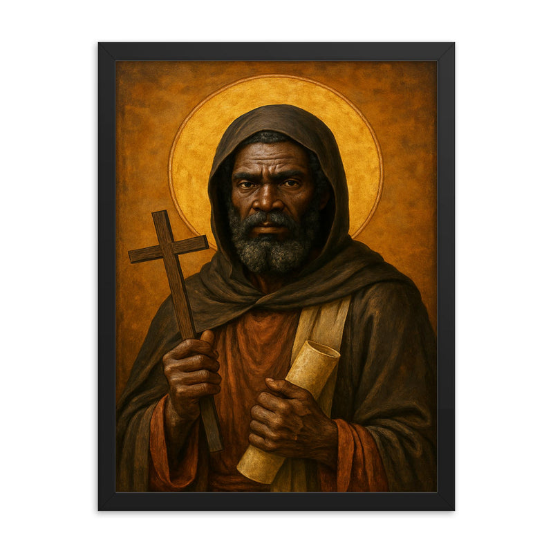 Saint Moses the Black desert icon portrait framed print on a plain backdrop in size 18