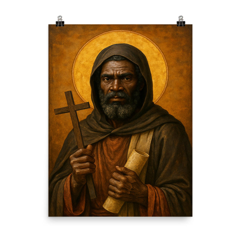 Saint Moses the Black desert icon portrait poster on a plain backdrop in size 8