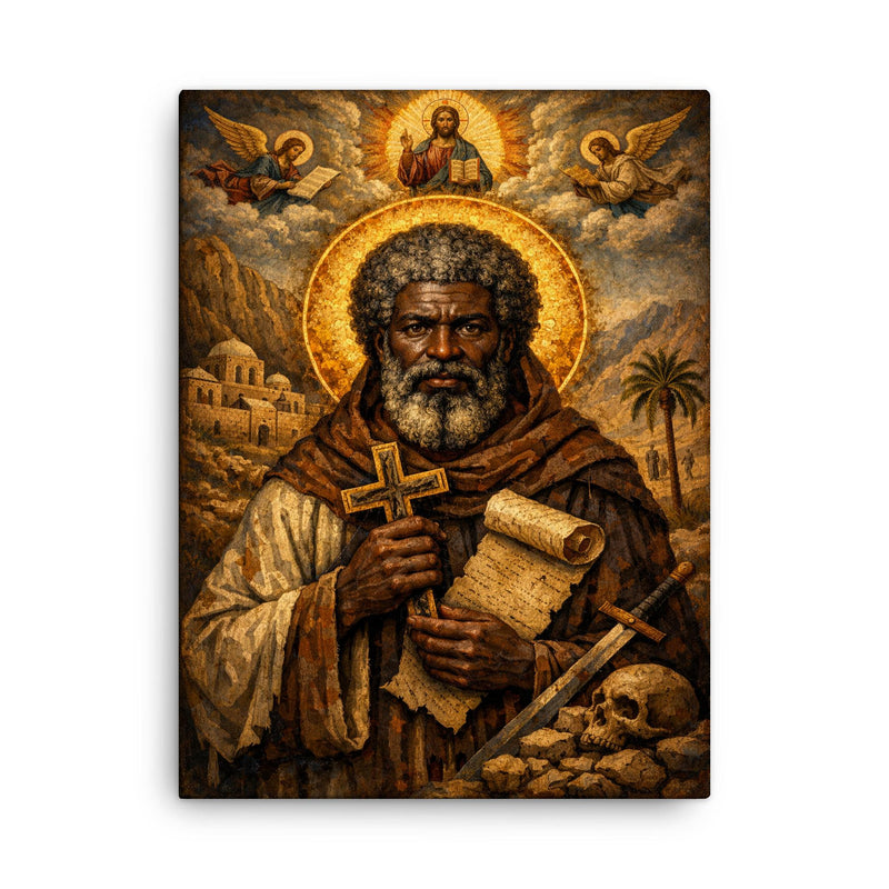 Saint Moses the Black icon portrait canvas print on a plain backdrop in size 18