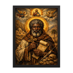 Saint Moses the Black icon portrait framed print on a plain backdrop in size 18"x24".
