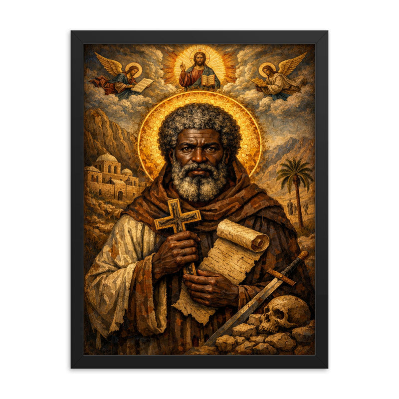 Saint Moses the Black icon portrait framed print on a plain backdrop in size 18