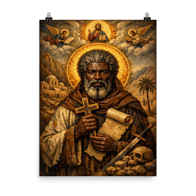 Saint Moses the Black icon portrait poster on a plain backdrop in size 8