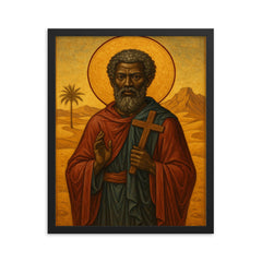 Saint Moses the Black in desert icon style framed print on a plain backdrop in size 16"x20".