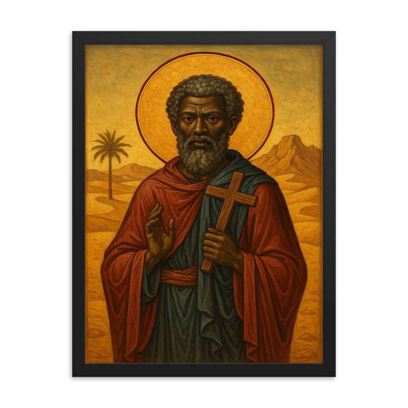 Saint Moses the Black in desert icon style framed print on a plain backdrop in size 18
