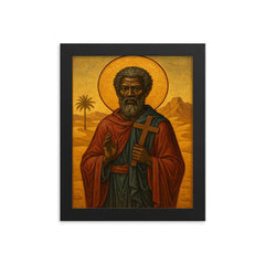 Saint Moses the Black in desert icon style framed print on a plain backdrop in size 8"x10".