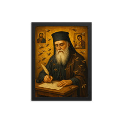 Saint Nektarios writing among bees and icons framed print on a plain backdrop in size 12"x16".