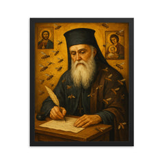 Saint Nektarios writing among bees and icons framed print on a plain backdrop in size 16"x20".
