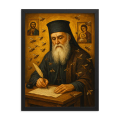 Saint Nektarios writing among bees and icons framed print on a plain backdrop in size 18"x24".