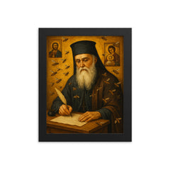 Saint Nektarios writing among bees and icons framed print on a plain backdrop in size 8"x10".