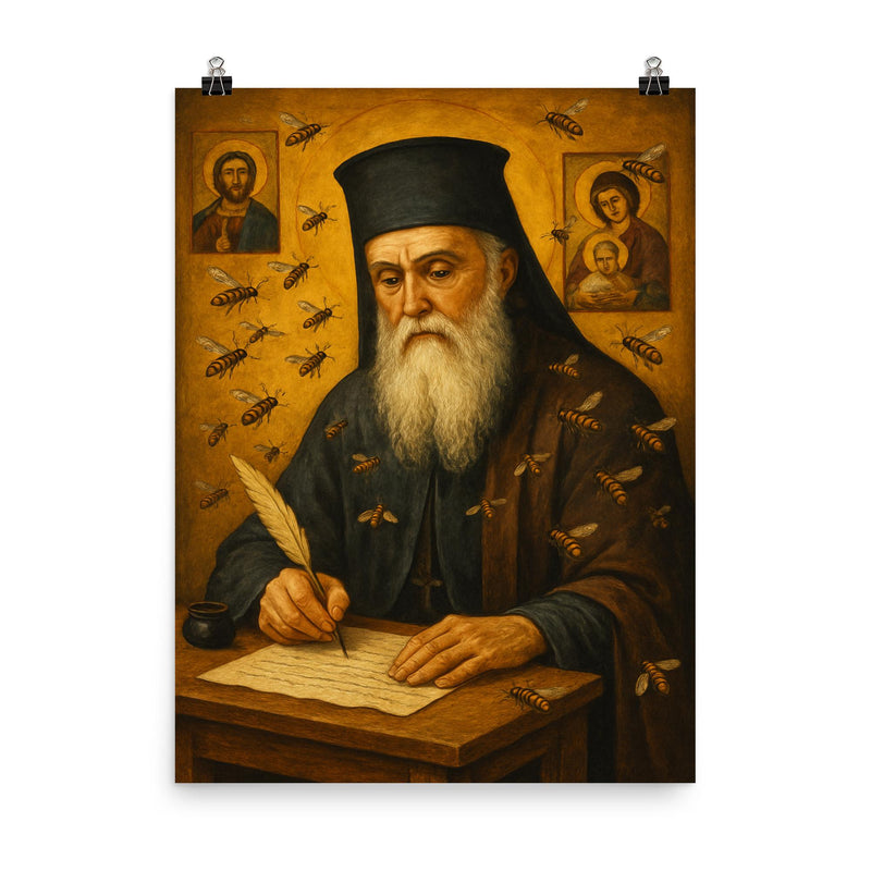 Saint Nektarios writing among bees and icons poster on a plain backdrop in size 8