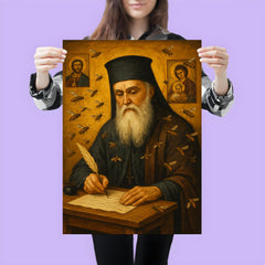 Saint Nektarios writing among bees and icons poster 3
