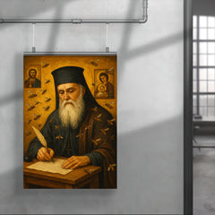 Saint Nektarios writing among bees and icons poster 4