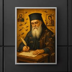 Saint Nektarios writing among bees and icons poster 5