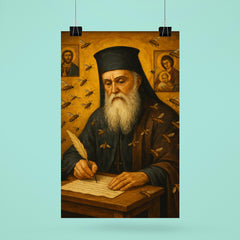 Saint Nektarios writing among bees and icons poster 6