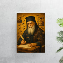 Saint Nektarios writing among bees and icons poster 7