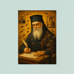 Saint Nektarios writing among bees and icons poster 8