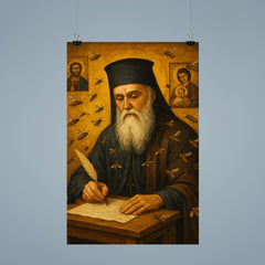 Saint Nektarios writing among bees and icons poster 9