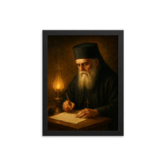 Saint Nektarios writing by oil lamp framed print on a plain backdrop in size 12"x16".