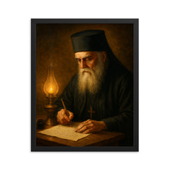 Saint Nektarios writing by oil lamp framed print on a plain backdrop in size 16"x20".