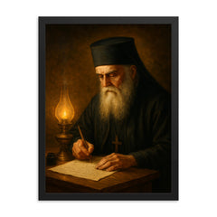Saint Nektarios writing by oil lamp framed print on a plain backdrop in size 18"x24".