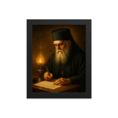 Saint Nektarios writing by oil lamp framed print on a plain backdrop in size 8"x10".