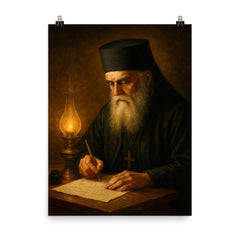 Saint Nektarios writing by oil lamp poster on a plain backdrop in size 8"x10".