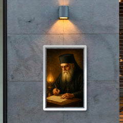 Saint Nektarios writing by oil lamp poster 2