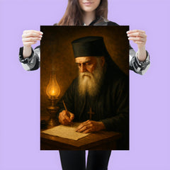 Saint Nektarios writing by oil lamp poster 3
