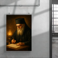 Saint Nektarios writing by oil lamp poster 4