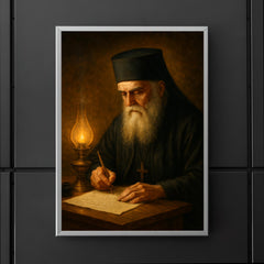 Saint Nektarios writing by oil lamp poster 5