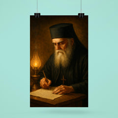 Saint Nektarios writing by oil lamp poster 6