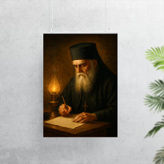 Saint Nektarios writing by oil lamp poster 7