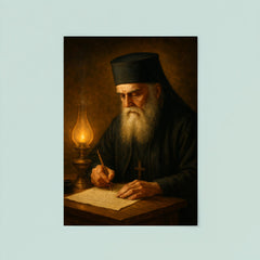 Saint Nektarios writing by oil lamp poster 8
