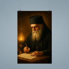 Saint Nektarios writing by oil lamp poster 9