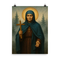 Saint Olga of Alaska among spruce and sea fog poster on a plain backdrop in size 8"x10".