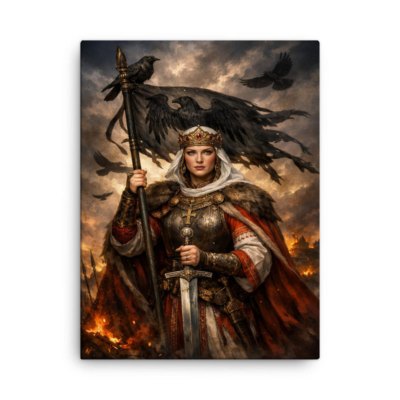 Saint Olga of Kiev with raven standard canvas print on a plain backdrop in size 18