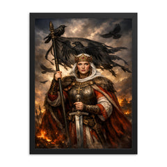 Saint Olga of Kiev with raven standard framed print on a plain backdrop in size 18"x24".