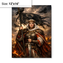 Saint Olga of Kiev with raven standard metal print on a plain backdrop in size 12"x16".