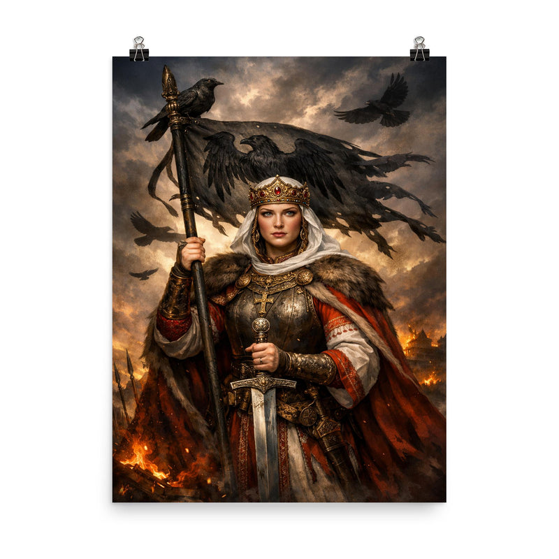 Saint Olga of Kiev with raven standard poster on a plain backdrop in size 8