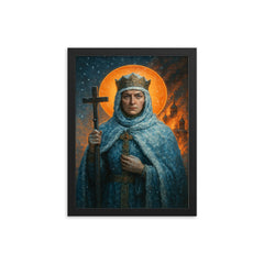 Saint Olga of Kyiv in frost and churchfire glow framed print on a plain backdrop in size 12"x16".