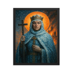Saint Olga of Kyiv in frost and churchfire glow framed print on a plain backdrop in size 16"x20".
