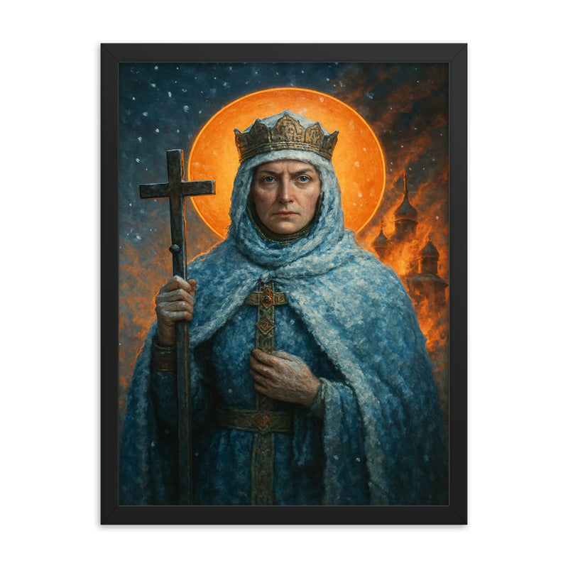 Saint Olga of Kyiv in frost and churchfire glow framed print on a plain backdrop in size 18