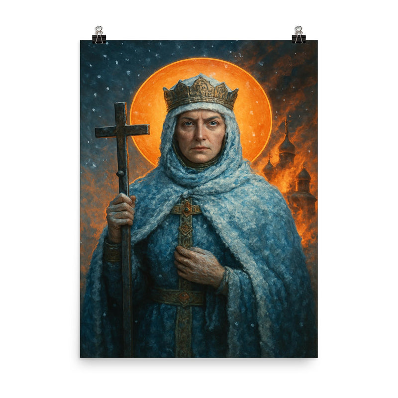 Saint Olga of Kyiv in frost and churchfire glow poster on a plain backdrop in size 8