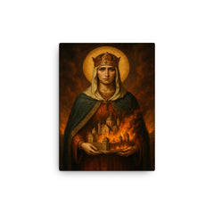 Saint Olga of Kyiv with burning city miniature canvas print on a plain backdrop in size 12"x16".