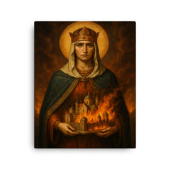 Saint Olga of Kyiv with burning city miniature canvas print on a plain backdrop in size 16"x20".